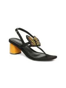 CHINI C Woman Black & Yellow Regular Height Block Sandals with Western Embellished
