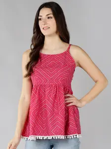 ZNX Clothing Pink Geometric Bandhani  Print Shoulder Straps Pure Cotton Empire Top