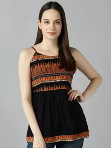 ZNX Clothing Black and Orange Tribal Print Sleeveless Pure Cotton A-Line Top