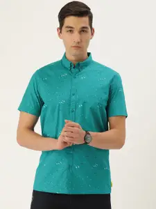 FOREVER 21 Men Teal Blue Geometric Printed Regular Fit Casual Shirt