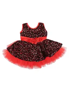 V-Mart Red & Black Embellished Fit & Flare Party Dress