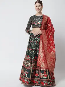 DIVASTRI Green & Red Ready to Wear Lehenga & Unstitched Blouse With Dupatta