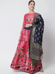 DIVASTRI Pink & Blue Banarasi Ready to Wear Lehenga & Unstitched Blouse With Dupatta
