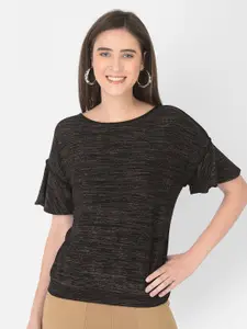 Latin Quarters Black Self Design Bell Sleeves Knitted Top