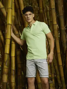 Louis Philippe Sport Men White & Olive Green Striped Slim Fit Shorts