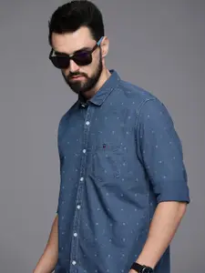 Louis Philippe Jeans Men Navy Blue Slim Fit Geometric Printed Pure Cotton Casual Shirt