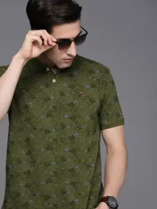 Louis Philippe Jeans Men Olive Green & Black Printed Polo Collar Pure Cotton Slim Fit T-shirt