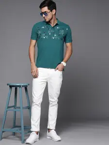 Louis Philippe Jeans Men Teal Green & White Printed Polo Collar Pure Cotton T-shirt