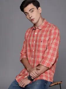 Louis Philippe Jeans Men Pink & Brown Slim Fit Checked Pure Cotton Casual Shirt