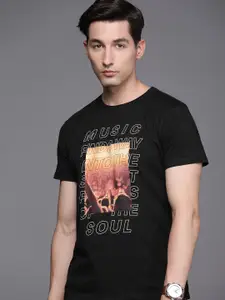 Louis Philippe Jeans Men Black Printed Slim Fit Pure Cotton T-shirt