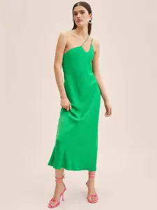 MANGO Green Satin Finish Asymmetric Neckline A-Line Midi Dress