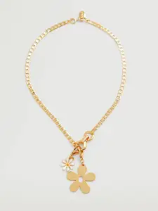 MANGO Gold-Toned & White Floral Enamelled Pendant & Chain