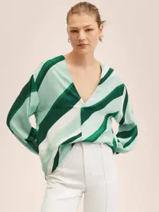 MANGO Green & White Striped Top