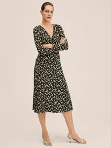 MANGO Black & Yellow Floral Print A-Line Midi Dress