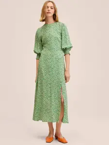 MANGO Women Green & Off White Floral Puff Sleeves Front Slit Detail A-Line Midi Dress