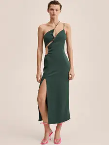 MANGO Green Side Slit A-Line Midi Dress
