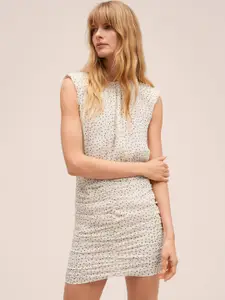 MANGO Off White & Black Polka Dots Ruched Mini Bodycon Dress