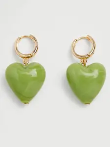 MANGO Green & Gold-Toned Heart Shaped Drop Earrings