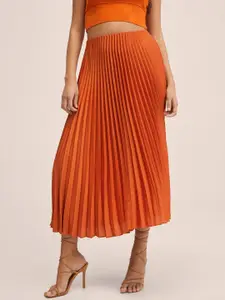 MANGO Women Rust Orange Solid Accordion Pleated Midi A-Line Skirt