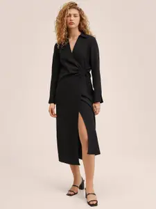 MANGO Women Black Solid Shirt Midi Dress with Tie-up Detail