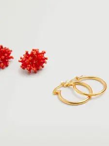 MANGO Red & Gold-Toned Circular Huggie Hoop Earrings with Detachable Beaded Danglers