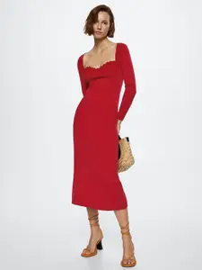MANGO Women Red Solid Ribbed Sheath Midi Dress