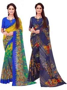 KALINI Pack of 2 Blue & Yellow Pure Georgette Sarees
