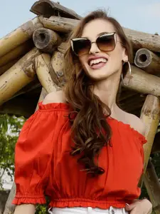 Sera Red Off-Shoulder Crepe Bardot Crop Top