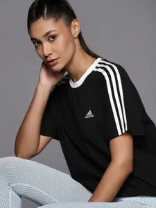 ADIDAS Women Black W 3S BF T Pure Cotton Solid T-shirt