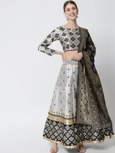 DIVASTRI Black & Grey Woven Design Silk Ready to Wear Lehenga Unstitched Choli & Dupatta