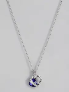 PEORA Silver Plated Blue Heart-Shaped Embellished Pendant with Silver Chain
