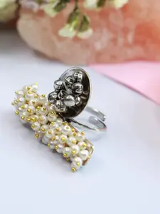 I Jewels Women Silver & White 18k Silver Plated Clustered Pearls Adjustable Finger Ring