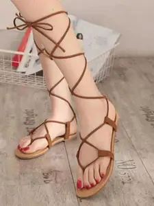 Shoetopia Girls Brown Open Toe Gladiator Flats