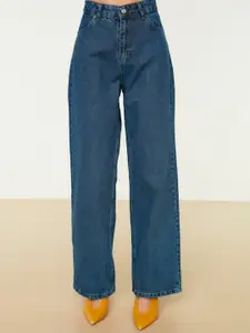 Trendyol Women Blue Pure Cotton Wide Leg High-Rise Jeans