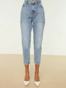 Trendyol Women Blue High-Rise Mom Fit Light Fade Cropped Pure Cotton Jeans