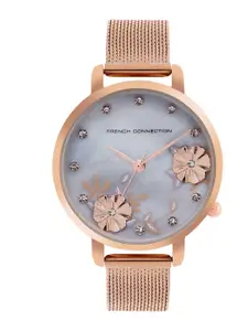 French Connection Women Embellished Grey Dial & Rose Gold Toned Stainless Steel Bracelet Style Straps Analogue Watch FC21V