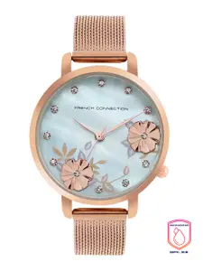 French Connection Women Blue Embellished Dial & Rose Gold Toned Stainless Steel Bracelet Style Straps Watch