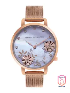 French Connection Women Silver-Toned Printed Dial & Rose Gold Toned Stainless Steel Bracelet Style Straps Analogue Watch FC21M