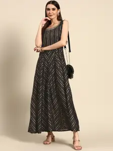 Anouk Black & Golden Striped Ethnic A-Line Maxi Dress