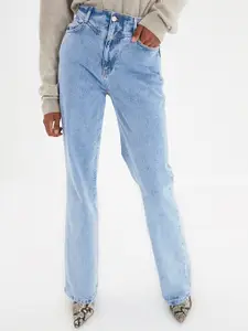 Trendyol Women Blue Solid Wide Leg High-Rise Pure Cotton Jeans