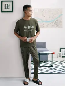 Trendyol Men Khaki & Grey Pure Cotton Typography Print Pyjama Set