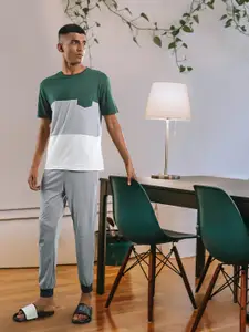 Trendyol Men Green & Grey Melange Pure Cotton Colourblocked Pyjamas Set