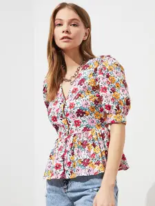 Trendyol Off White & Red Floral Print Top