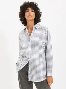 Trendyol Women White & Blue Checked Pure Cotton Casual Shirt