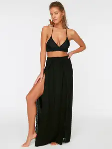 Trendyol Women Black Solid Lace Inserts Slit A-Line Maxi Skirt