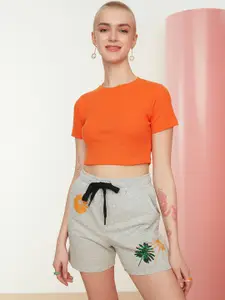 Trendyol Women Grey & Orange Floral Print Shorts