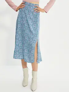 Trendyol Women Blue & Pink Floral Printed Slit A-Line Midi Skirt