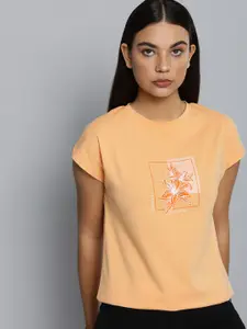 ether Women Orange Floral Short Sleeves Round Neck Printed T-shirt