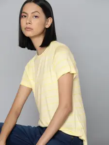 ether Women Yellow Striped Regular Fit T-shirt