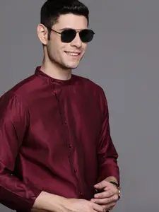 Indo Era Men Maroon Asymmetric Liva Kurta